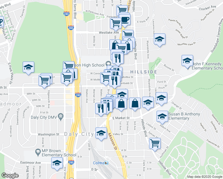 map of restaurants, bars, coffee shops, grocery stores, and more near 104 Bruno Avenue in Daly City