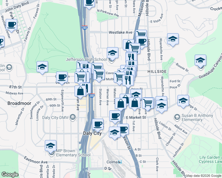 map of restaurants, bars, coffee shops, grocery stores, and more near 150 School Street in Daly City