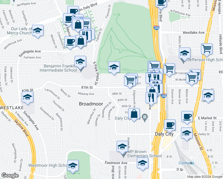 map of restaurants, bars, coffee shops, grocery stores, and more near 479 87th Street in Daly City