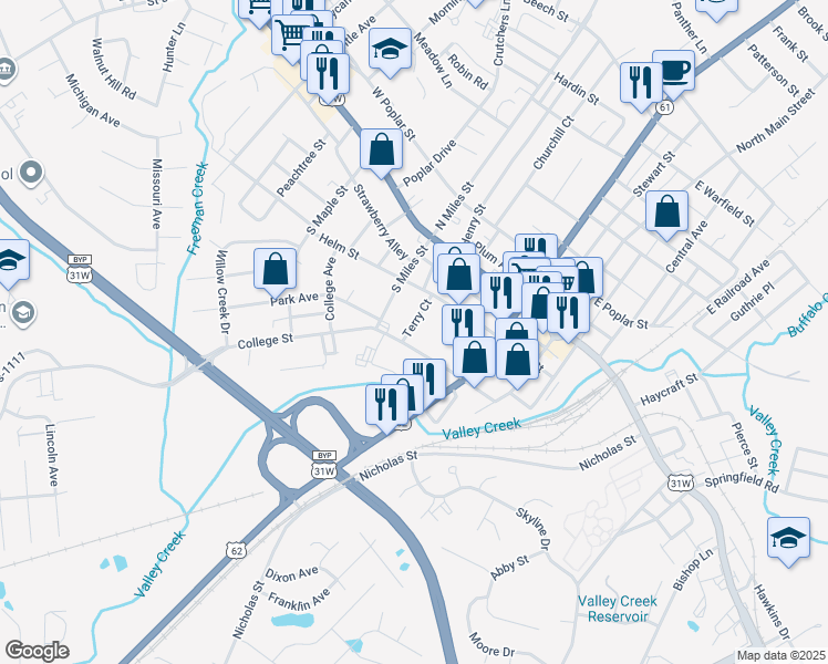 map of restaurants, bars, coffee shops, grocery stores, and more near 201 Terry Court in Elizabethtown