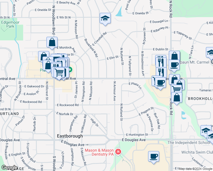 map of restaurants, bars, coffee shops, grocery stores, and more near 7017-7039 Central Avenue in Wichita