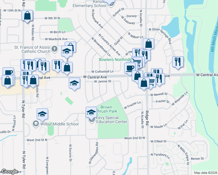 map of restaurants, bars, coffee shops, grocery stores, and more near 639 North Redbarn Lane in Wichita