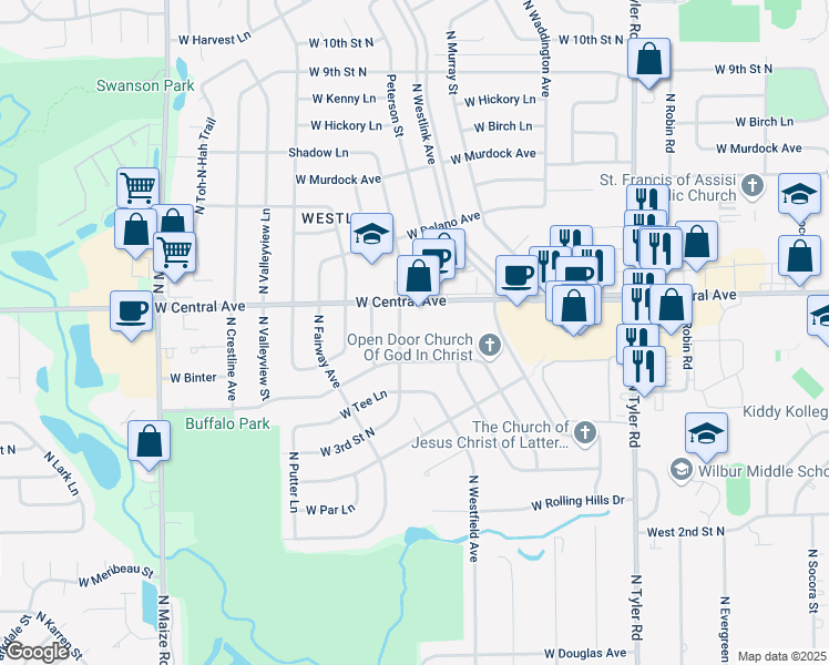 map of restaurants, bars, coffee shops, grocery stores, and more near 9505 West Central Avenue in Wichita