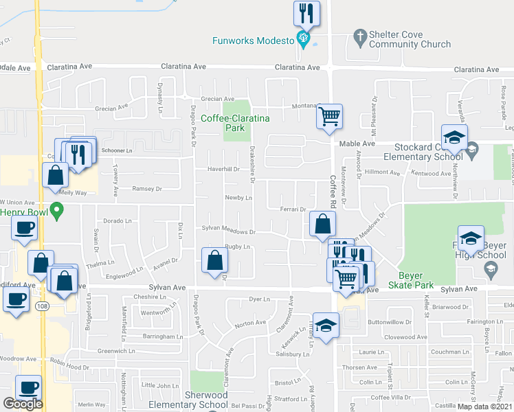 map of restaurants, bars, coffee shops, grocery stores, and more near 3712 Drakeshire Drive in Modesto