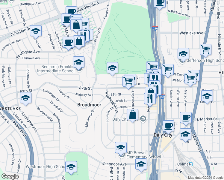 map of restaurants, bars, coffee shops, grocery stores, and more near 479 87th Street in Daly City