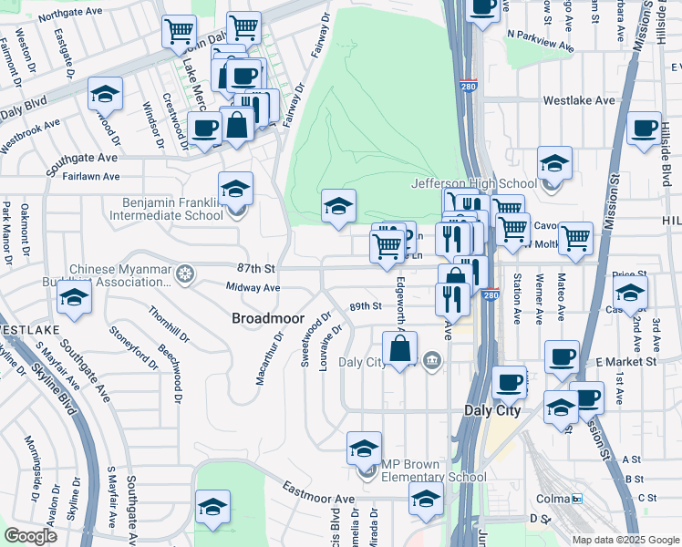 map of restaurants, bars, coffee shops, grocery stores, and more near 467 87th Street in Daly City