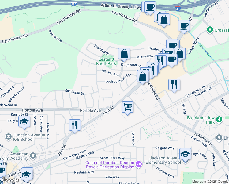 map of restaurants, bars, coffee shops, grocery stores, and more near 385 Kensington Common in Livermore