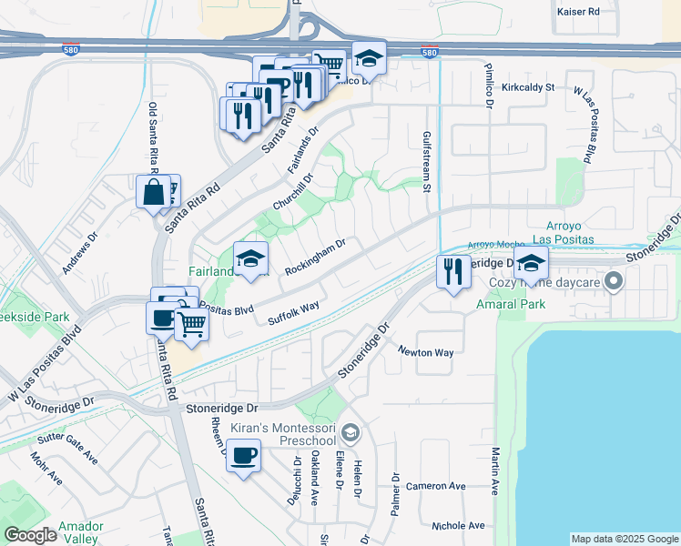 map of restaurants, bars, coffee shops, grocery stores, and more near 3958 West Las Positas Boulevard in Pleasanton