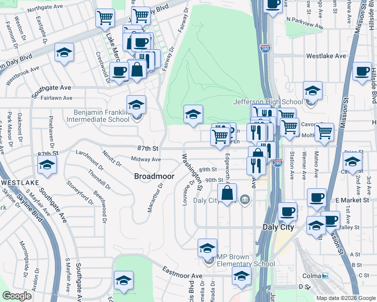 map of restaurants, bars, coffee shops, grocery stores, and more near 485 87th Street in Daly City