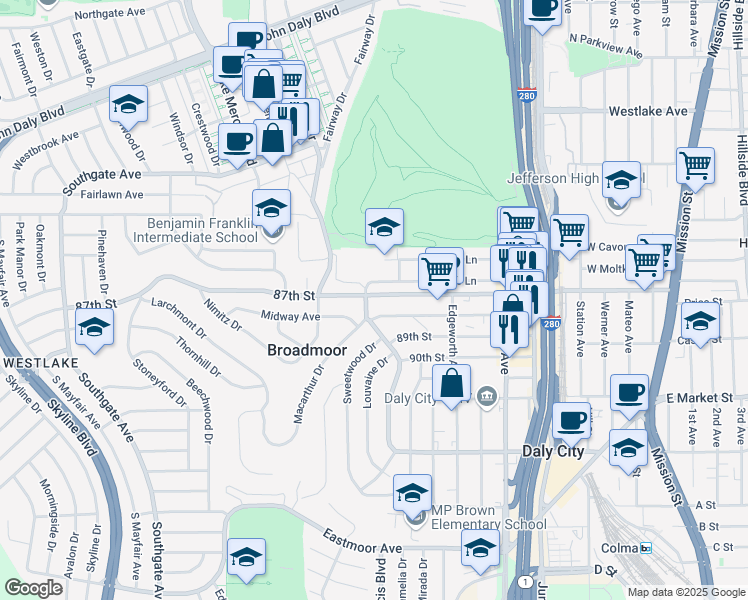map of restaurants, bars, coffee shops, grocery stores, and more near 485 87th Street in Daly City