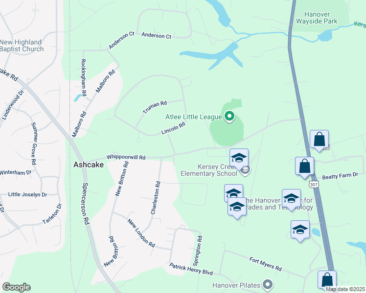 map of restaurants, bars, coffee shops, grocery stores, and more near 8368 Whippoorwill Road in Mechanicsville