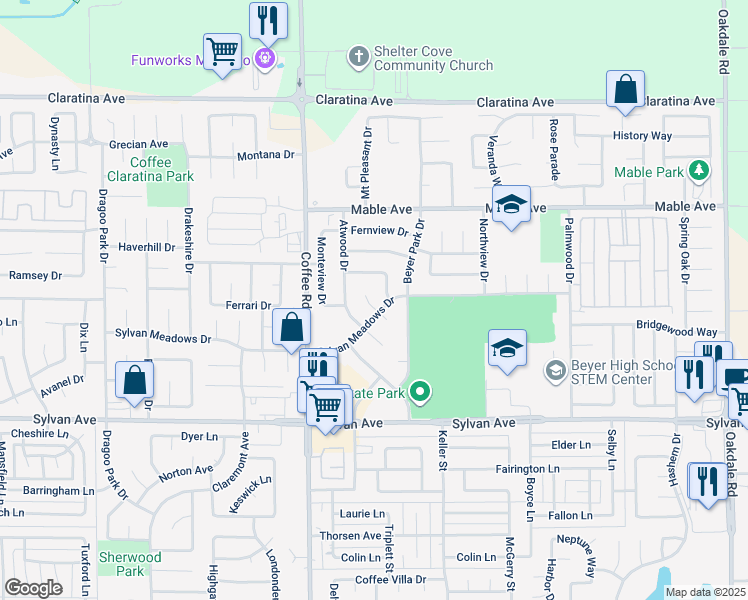 map of restaurants, bars, coffee shops, grocery stores, and more near 3716 Glenview Circle in Modesto