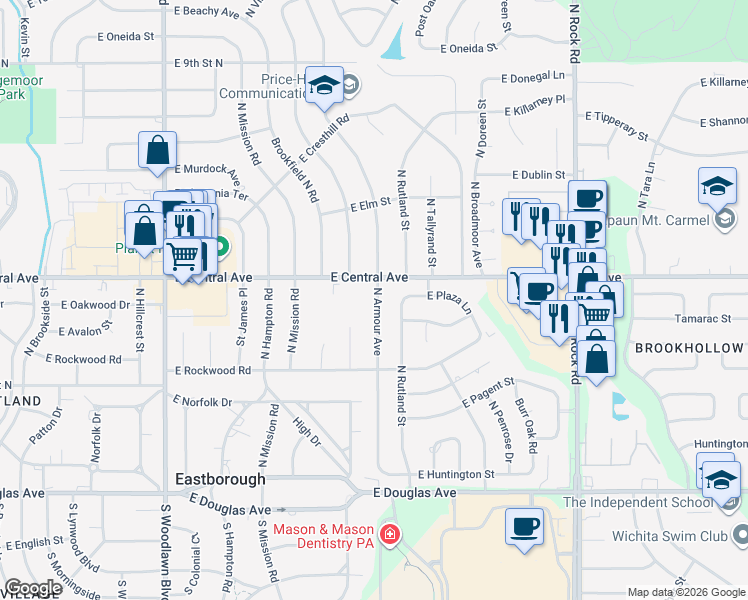 map of restaurants, bars, coffee shops, grocery stores, and more near 450 North Armour Street in Wichita