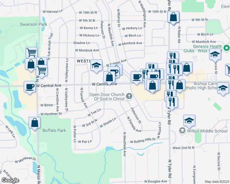 map of restaurants, bars, coffee shops, grocery stores, and more near 9415 West Central Avenue in Wichita