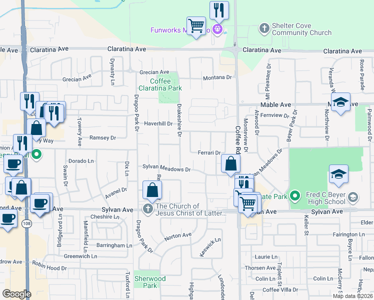 map of restaurants, bars, coffee shops, grocery stores, and more near 3705 Lamborghini Lane in Modesto