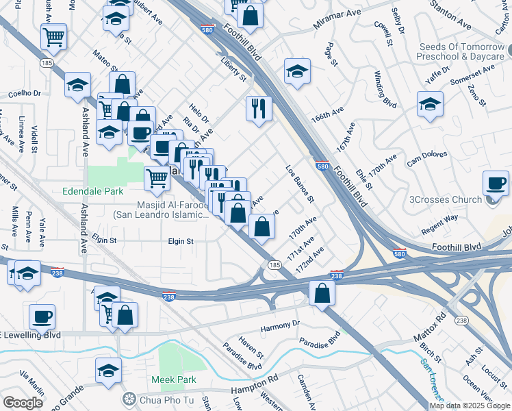 map of restaurants, bars, coffee shops, grocery stores, and more near 1475 167th Avenue in San Leandro