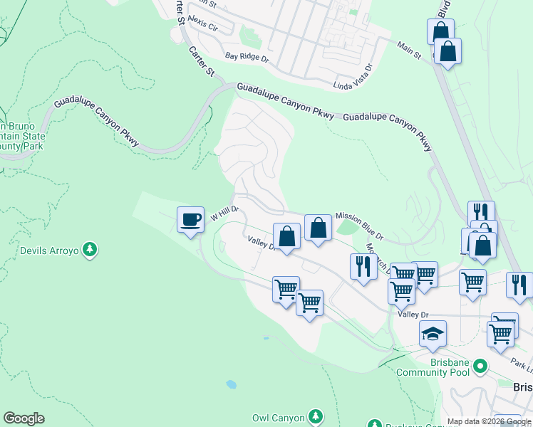 map of restaurants, bars, coffee shops, grocery stores, and more near 233 Callippe Court in Brisbane