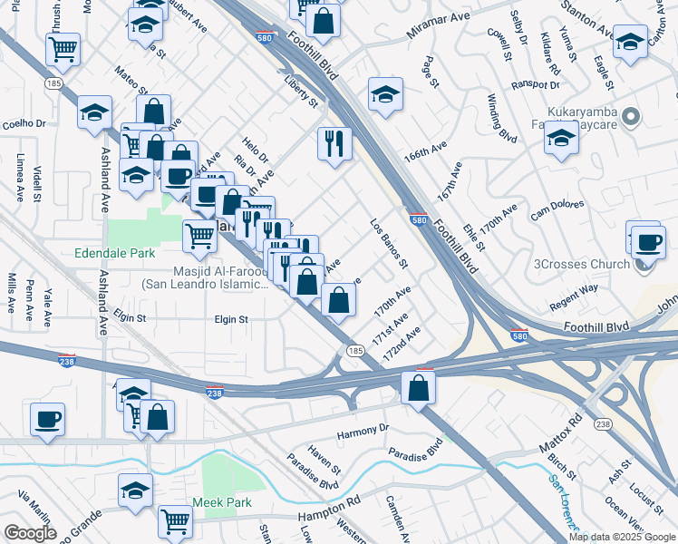 map of restaurants, bars, coffee shops, grocery stores, and more near 1530 167th Avenue in San Leandro