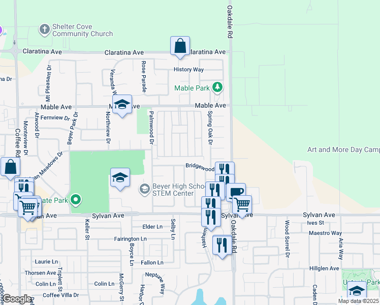 map of restaurants, bars, coffee shops, grocery stores, and more near 3820 Surfside Drive in Modesto
