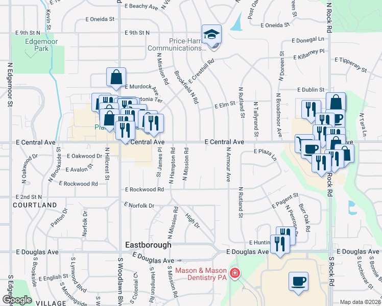 map of restaurants, bars, coffee shops, grocery stores, and more near 6801-6899 East Central Avenue in Wichita