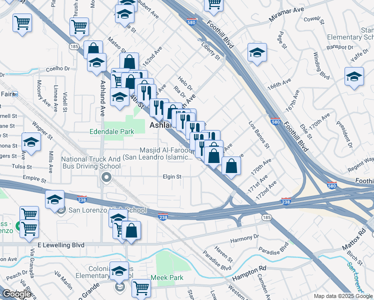 map of restaurants, bars, coffee shops, grocery stores, and more near in Ashland