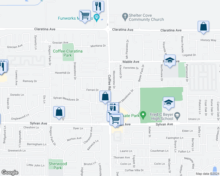 map of restaurants, bars, coffee shops, grocery stores, and more near 3800 Coffee Road in Modesto