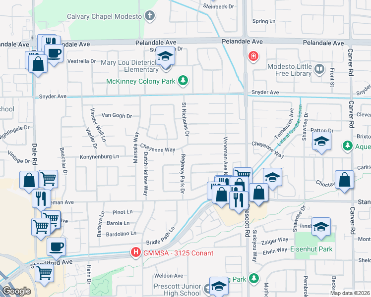 map of restaurants, bars, coffee shops, grocery stores, and more near 3800 Saint Nicholas Drive in Modesto