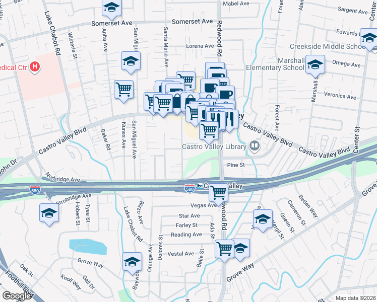 map of restaurants, bars, coffee shops, grocery stores, and more near 3341 Wilbeam Court in Castro Valley
