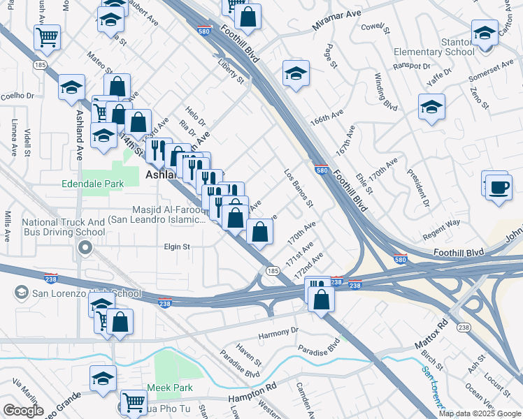 map of restaurants, bars, coffee shops, grocery stores, and more near 1530 167th Avenue in San Leandro