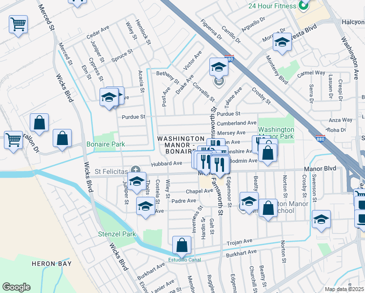 map of restaurants, bars, coffee shops, grocery stores, and more near 1283 Avon Avenue in San Leandro