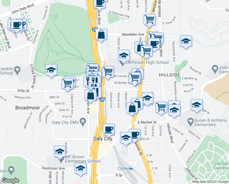 map of restaurants, bars, coffee shops, grocery stores, and more near 93 Station Avenue in Daly City