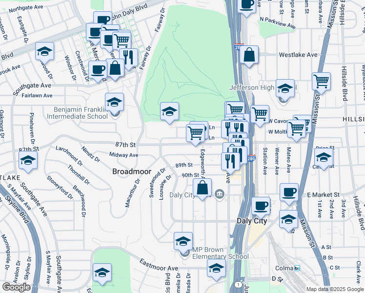 map of restaurants, bars, coffee shops, grocery stores, and more near 431 87th Street in Daly City