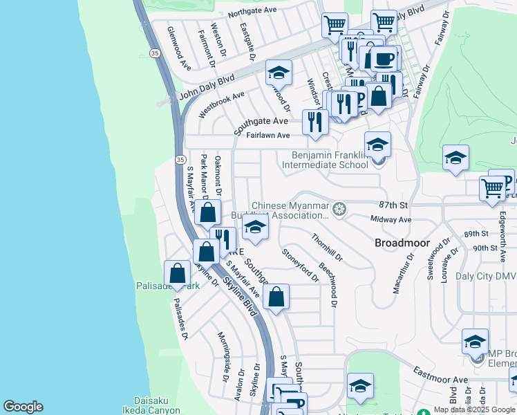map of restaurants, bars, coffee shops, grocery stores, and more near 71 Lake Meadow Drive in Daly City
