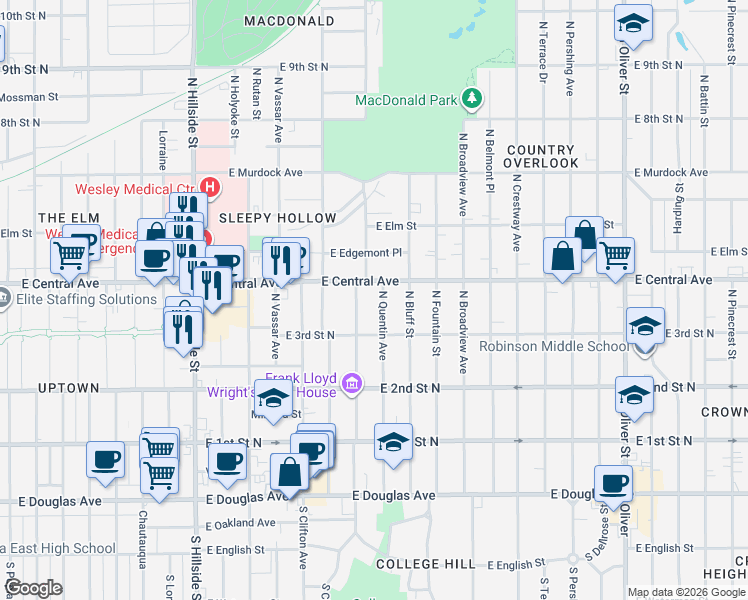map of restaurants, bars, coffee shops, grocery stores, and more near 3821 East Central Avenue in Wichita