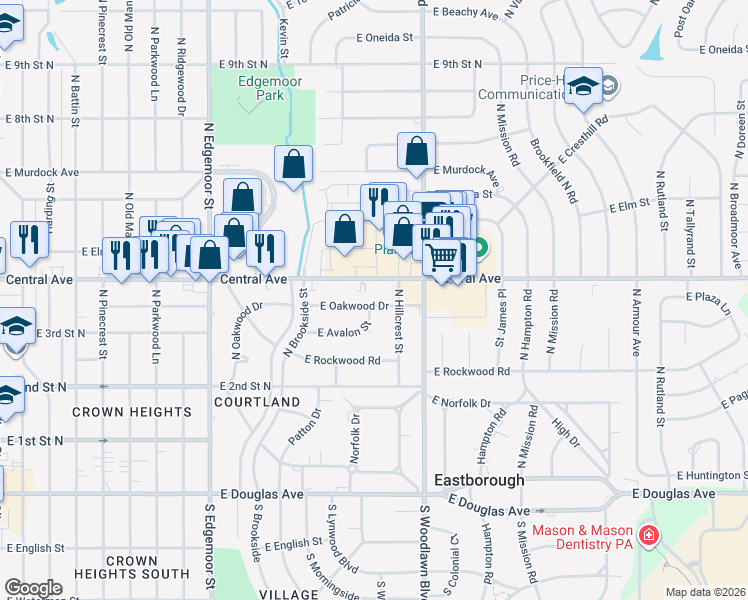 map of restaurants, bars, coffee shops, grocery stores, and more near 6102 East Oakwood Drive in Wichita
