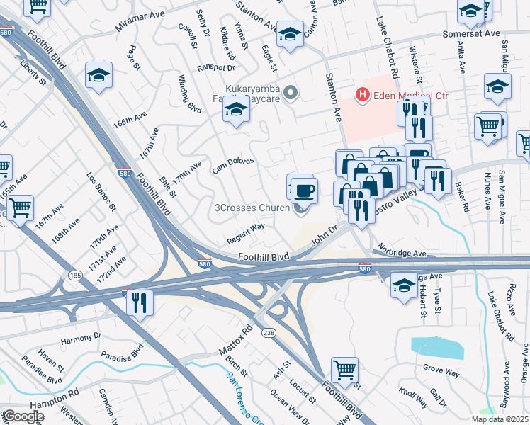 map of restaurants, bars, coffee shops, grocery stores, and more near 20433 John Drive in Castro Valley