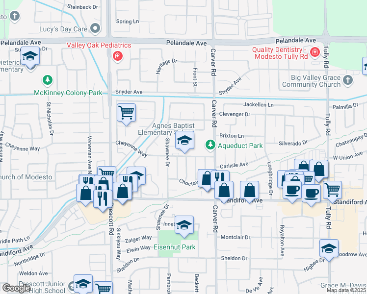 map of restaurants, bars, coffee shops, grocery stores, and more near 1825 Cheyenne Way in Modesto