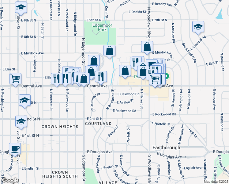 map of restaurants, bars, coffee shops, grocery stores, and more near 450 North Brookside Street in Wichita