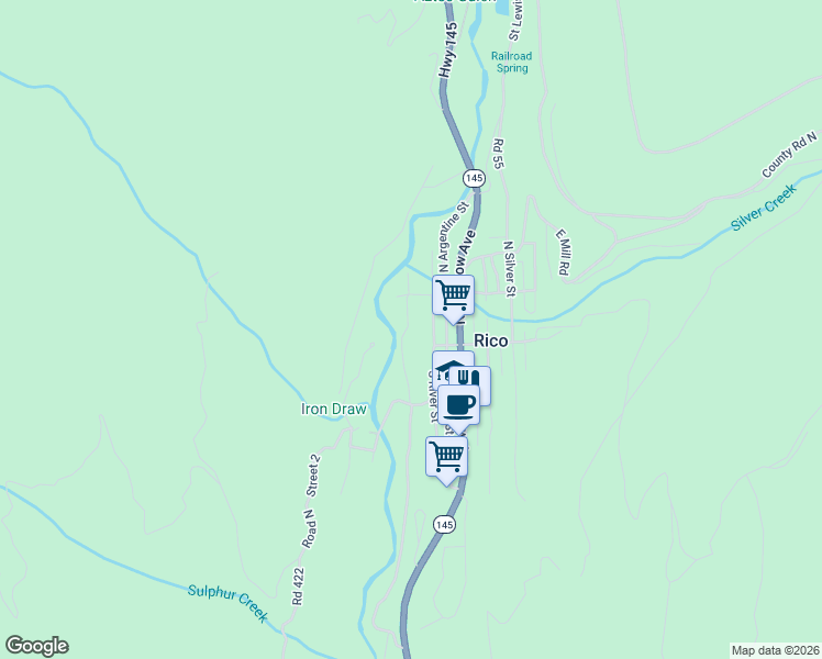 map of restaurants, bars, coffee shops, grocery stores, and more near 23 North River Street in Rico