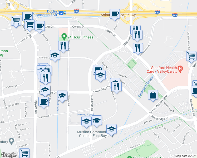 map of restaurants, bars, coffee shops, grocery stores, and more near 4309 Hacienda Drive in Pleasanton