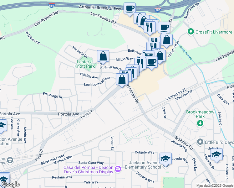 map of restaurants, bars, coffee shops, grocery stores, and more near 4171 First Street in Livermore
