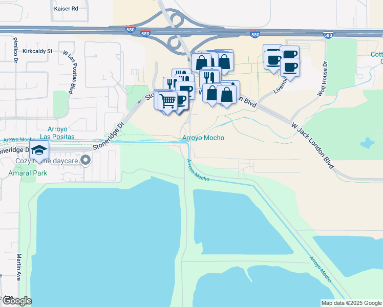 map of restaurants, bars, coffee shops, grocery stores, and more near 2555 El Charro Road in Livermore