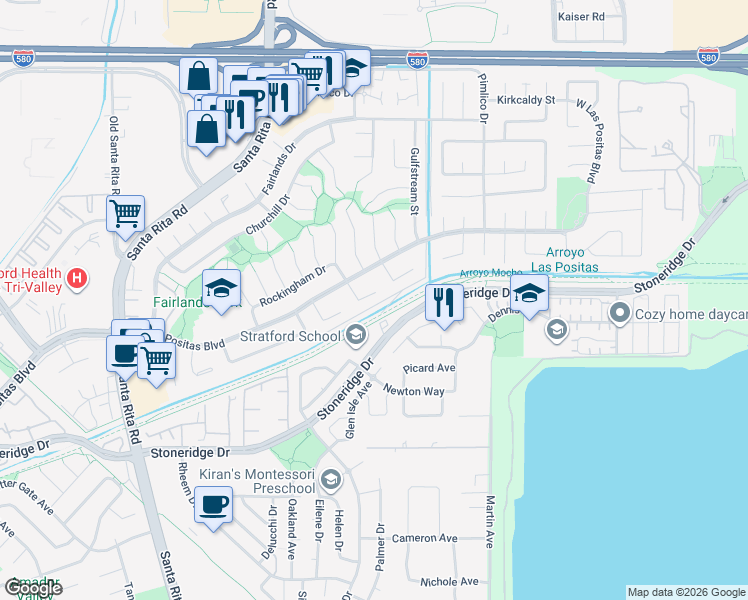map of restaurants, bars, coffee shops, grocery stores, and more near 3126 Cranwood Court in Pleasanton