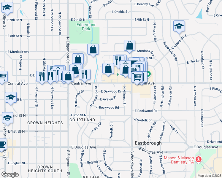 map of restaurants, bars, coffee shops, grocery stores, and more near 6025 East Central Avenue in Wichita