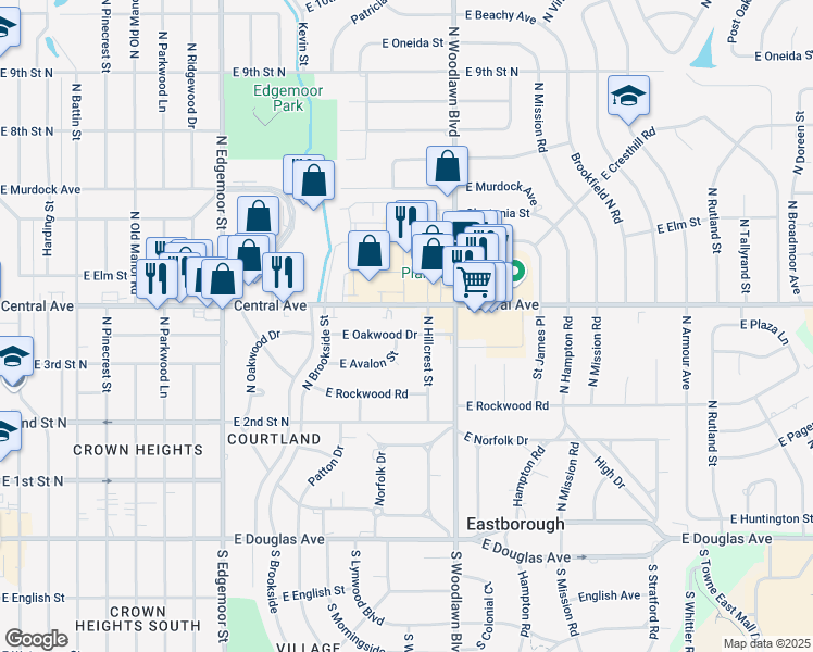 map of restaurants, bars, coffee shops, grocery stores, and more near 6112 East Oakwood Drive in Wichita