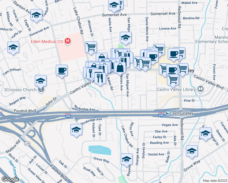 map of restaurants, bars, coffee shops, grocery stores, and more near 21032 Baker Road in Castro Valley