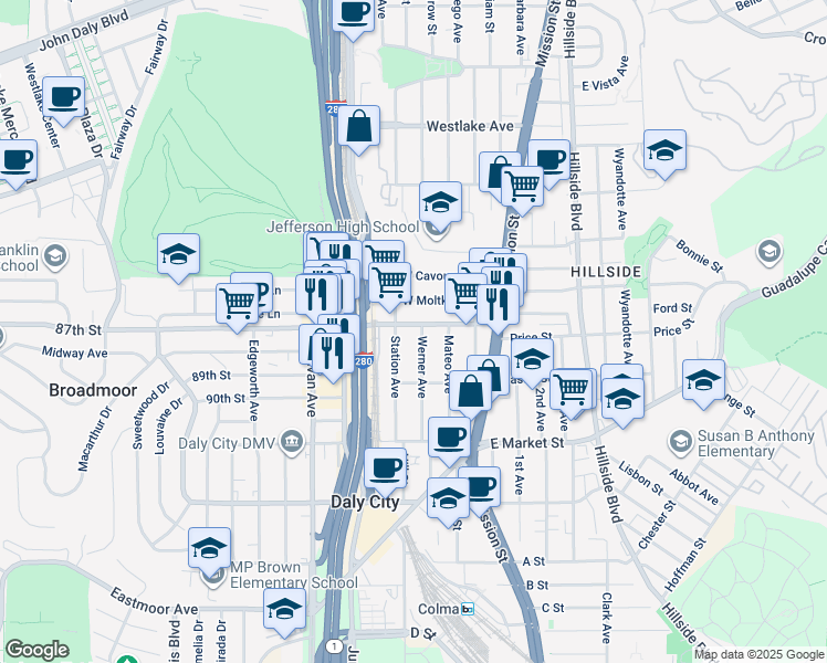 map of restaurants, bars, coffee shops, grocery stores, and more near 93 Station Avenue in Daly City