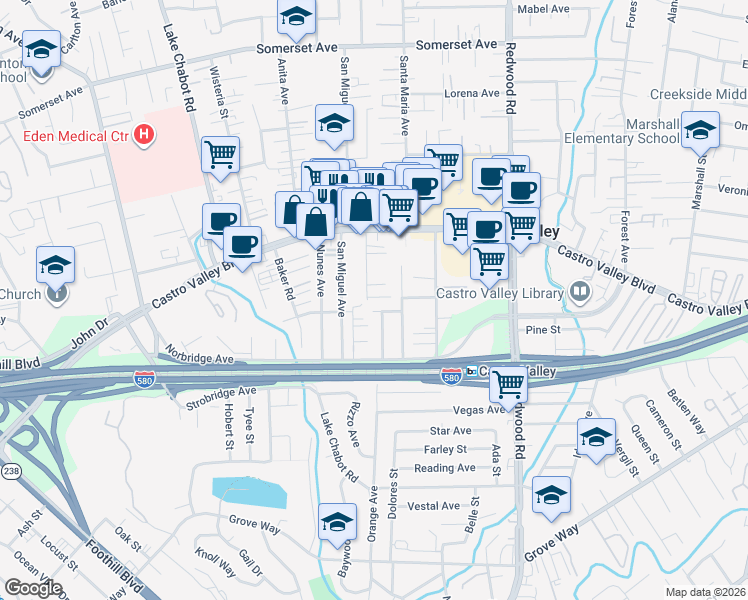 map of restaurants, bars, coffee shops, grocery stores, and more near 20998 Chester Street in Castro Valley