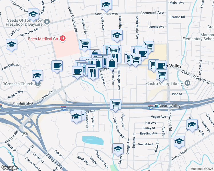 map of restaurants, bars, coffee shops, grocery stores, and more near 21032 Baker Road in Castro Valley