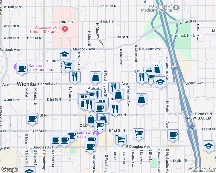 map of restaurants, bars, coffee shops, grocery stores, and more near 1001 East Central Avenue in Wichita